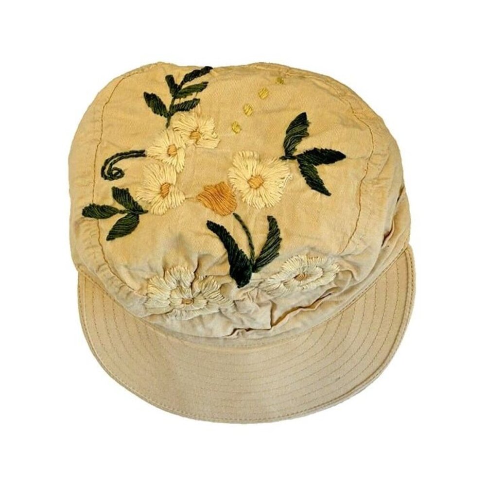 Vintage‎ S/M 90s Y2K Newsboy Embroidered Floral Beige Rimmed Summer Spring Hat
